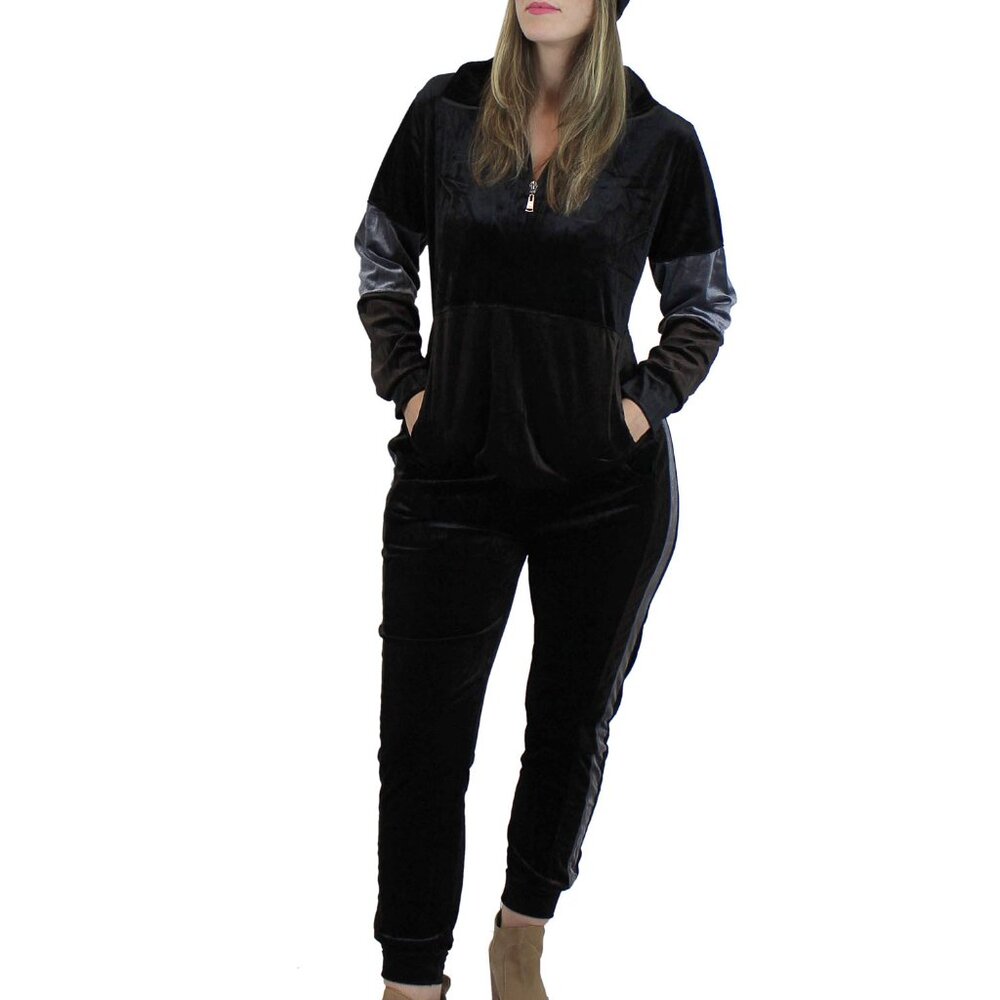 Color block thin velour long sleeves jogger set Black Brown Grey